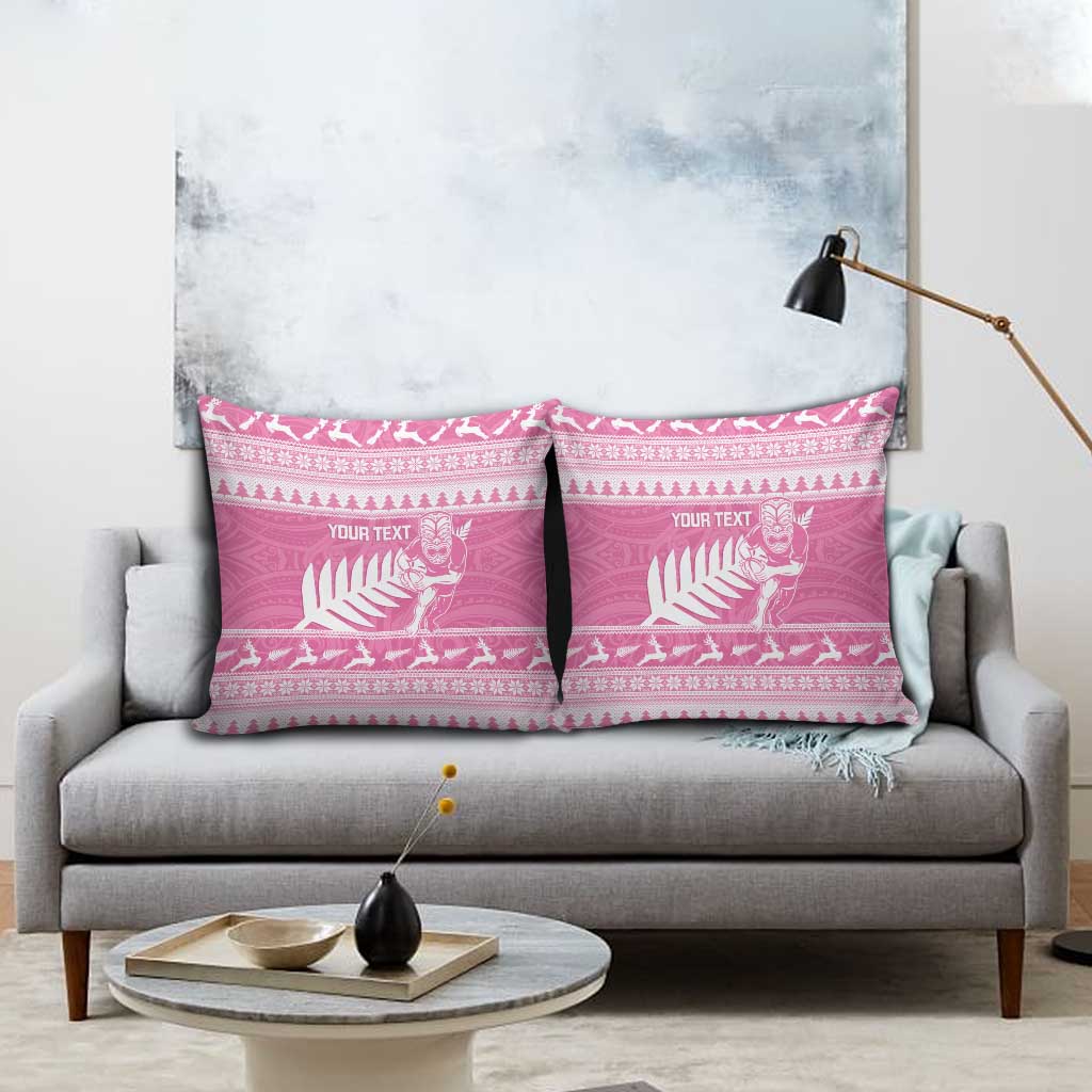 New Zealand Christmas Rugby Personalised Pillow Cover Meri Kirihimete All Black Maori Pink Version - Aussie Hoodie