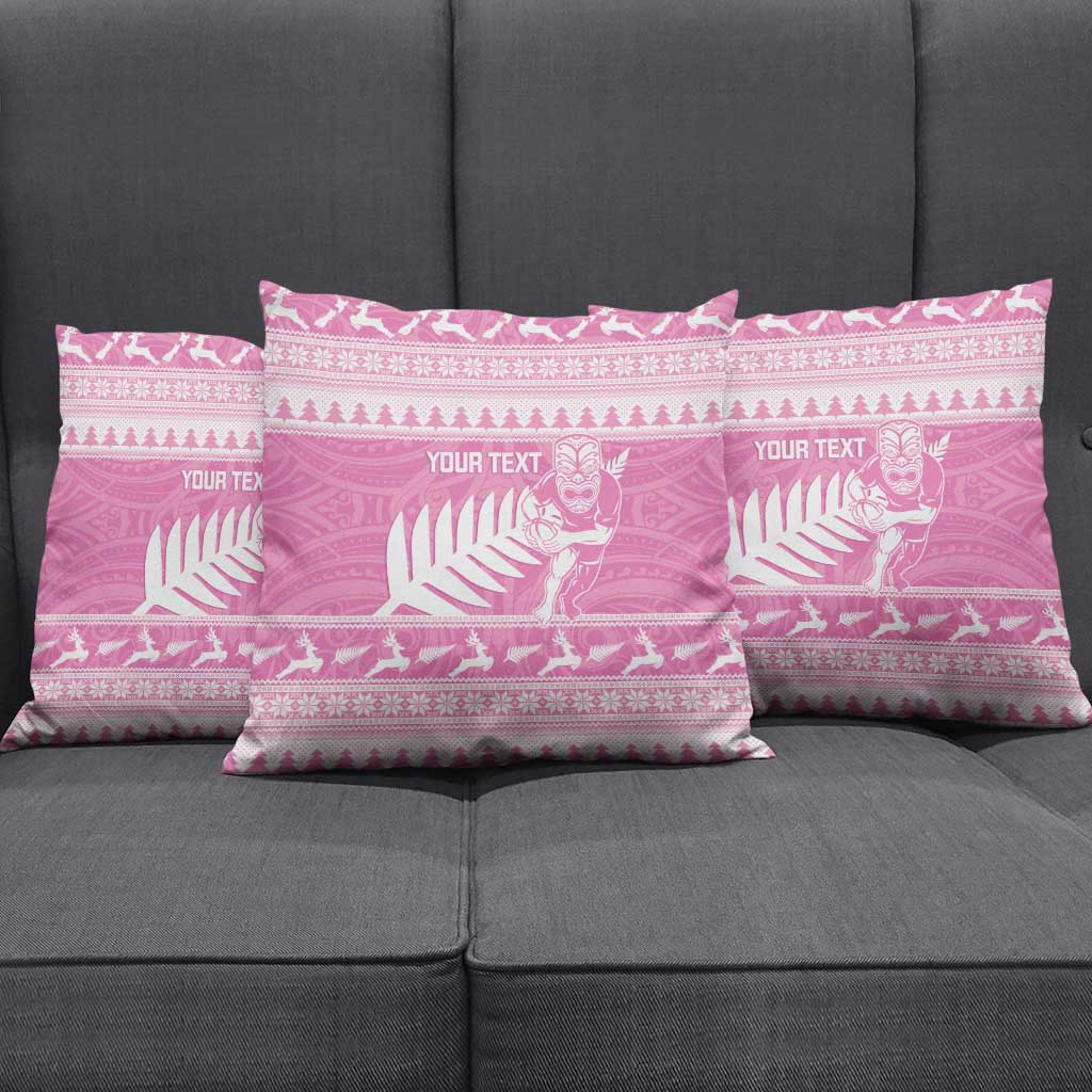 New Zealand Christmas Rugby Personalised Pillow Cover Meri Kirihimete All Black Maori Pink Version - Aussie Hoodie