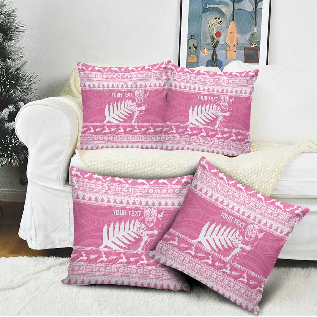 New Zealand Christmas Rugby Personalised Pillow Cover Meri Kirihimete All Black Maori Pink Version - Aussie Hoodie