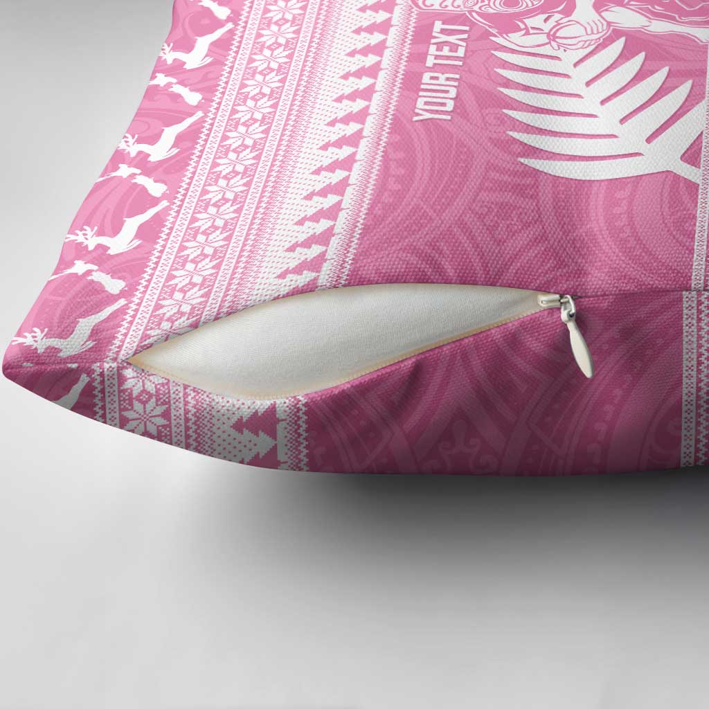 New Zealand Christmas Rugby Personalised Pillow Cover Meri Kirihimete All Black Maori Pink Version - Aussie Hoodie