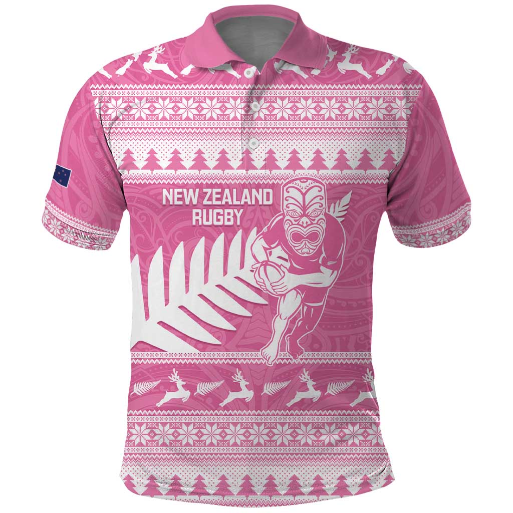 New Zealand Christmas Rugby Personalised Polo Shirt Meri Kirihimete All Black Maori Pink Version - Aussie Hoodie