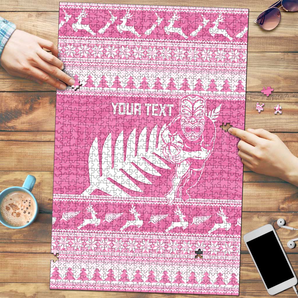 New Zealand Christmas Rugby Personalised Puzzle Meri Kirihimete All Black Maori Pink Version - Aussie Hoodie