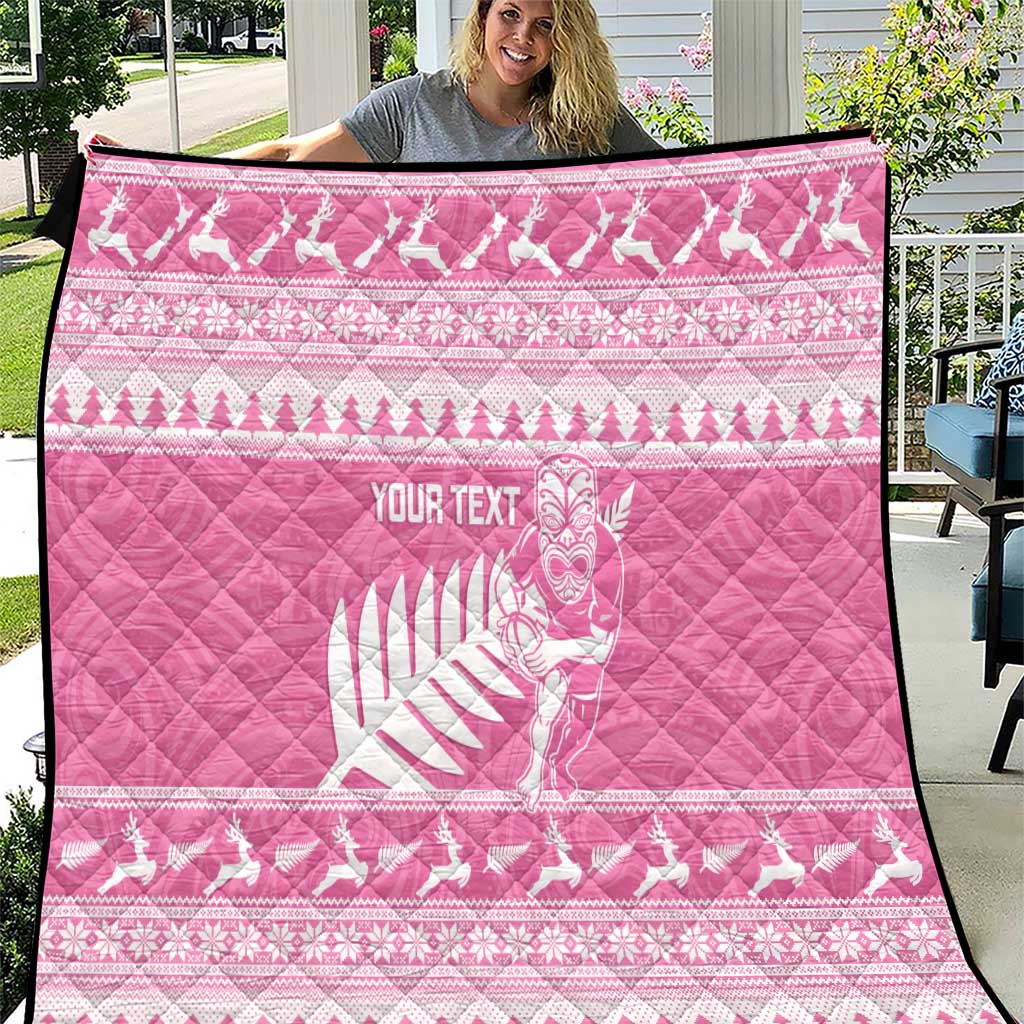 New Zealand Christmas Rugby Personalised Quilt Meri Kirihimete All Black Maori Pink Version - Aussie Hoodie