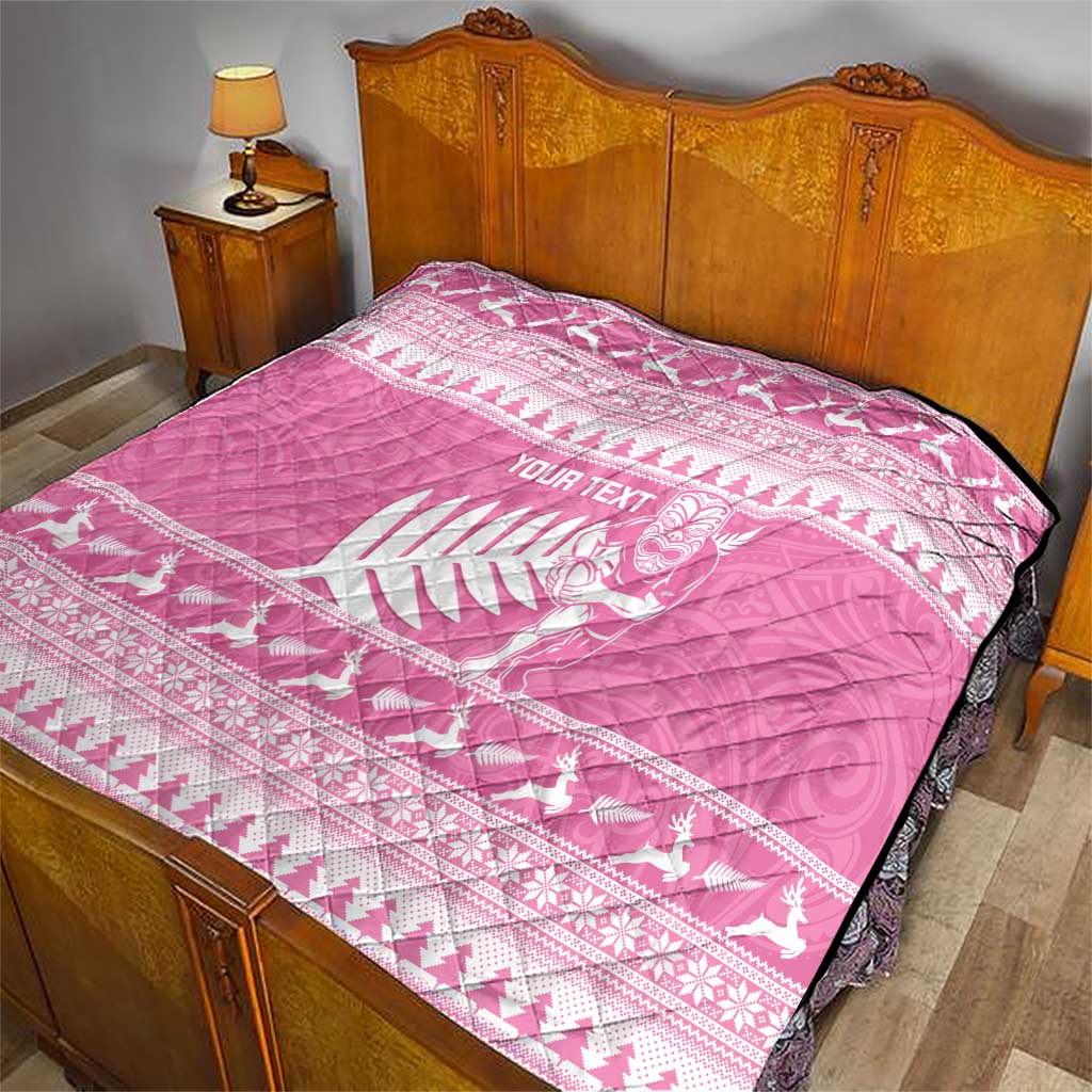New Zealand Christmas Rugby Personalised Quilt Meri Kirihimete All Black Maori Pink Version - Aussie Hoodie