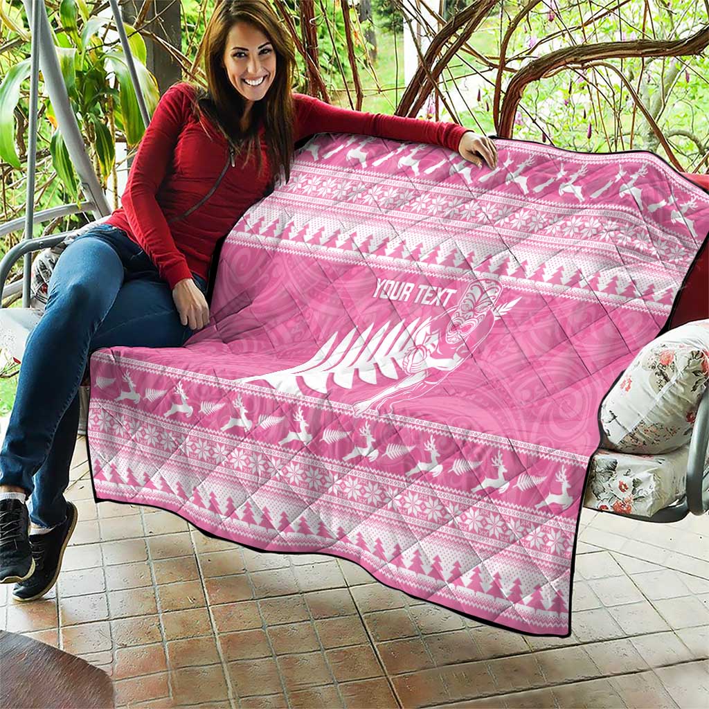 New Zealand Christmas Rugby Personalised Quilt Meri Kirihimete All Black Maori Pink Version - Aussie Hoodie