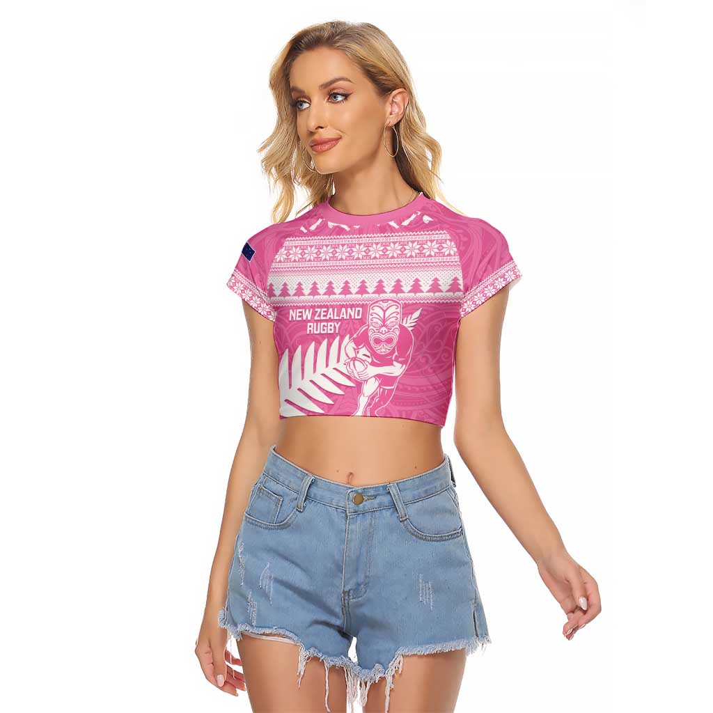 New Zealand Christmas Rugby Personalised Raglan Cropped T Shirt Meri Kirihimete All Black Maori Pink Version - Aussie Hoodie