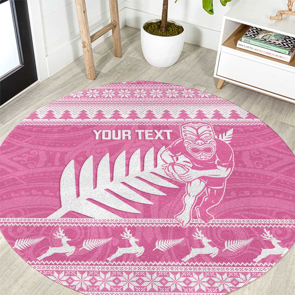 New Zealand Christmas Rugby Personalised Round Carpet Meri Kirihimete All Black Maori Pink Version - Aussie Hoodie