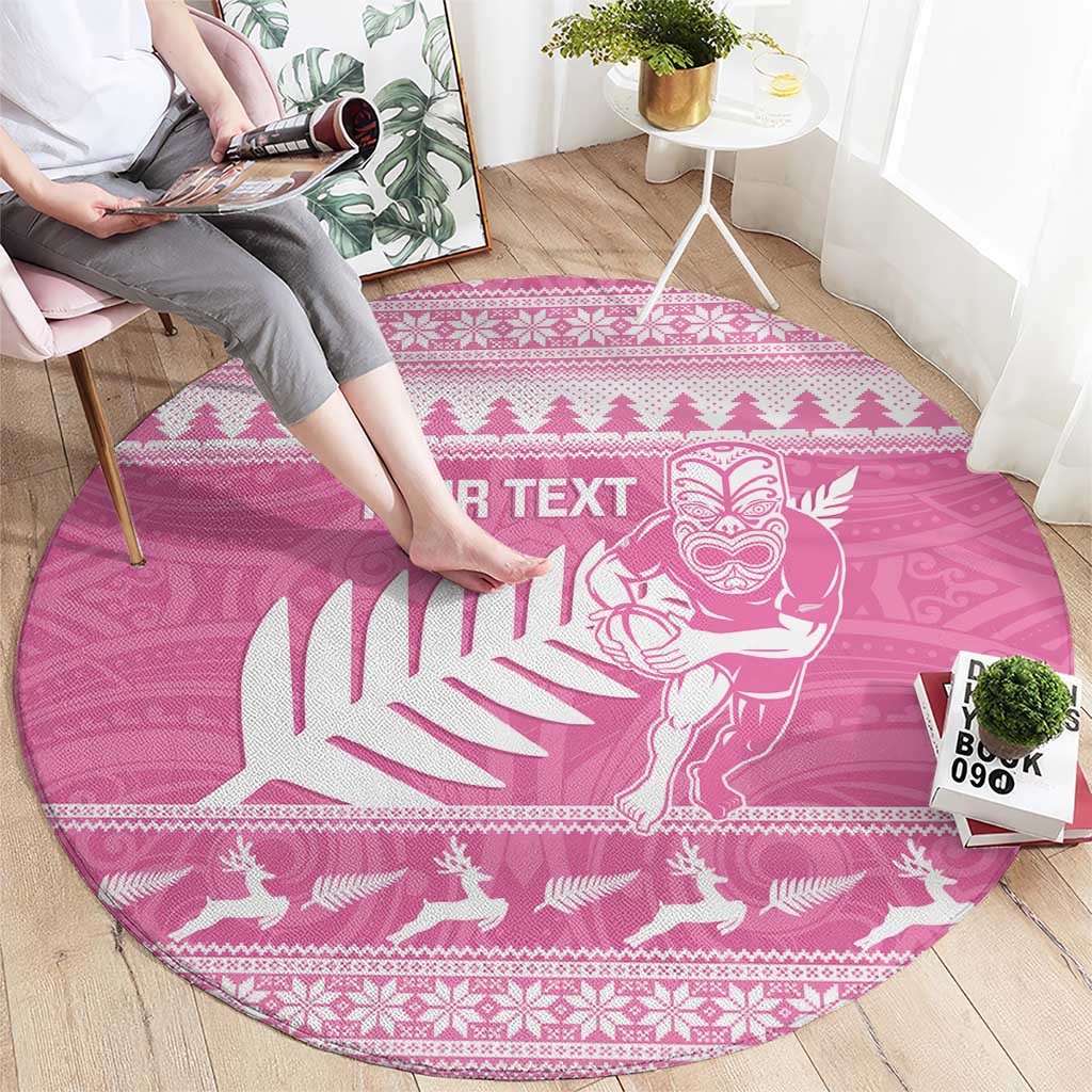 New Zealand Christmas Rugby Personalised Round Carpet Meri Kirihimete All Black Maori Pink Version - Aussie Hoodie