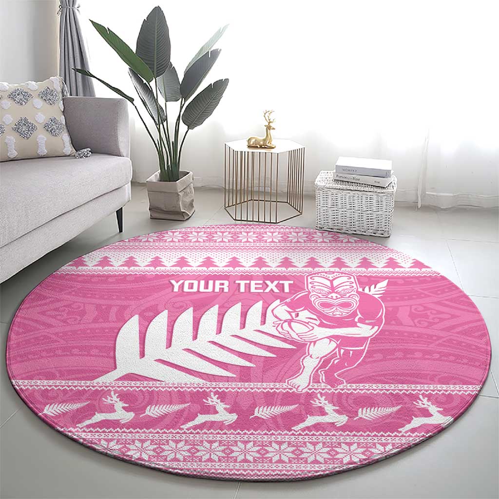 New Zealand Christmas Rugby Personalised Round Carpet Meri Kirihimete All Black Maori Pink Version - Aussie Hoodie