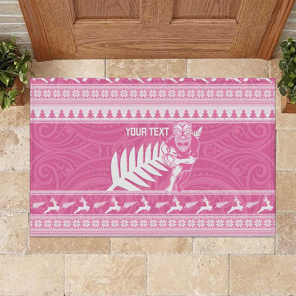 New Zealand Christmas Rugby Personalised Rubber Doormat Meri Kirihimete All Black Maori Pink Version - Aussie Hoodie