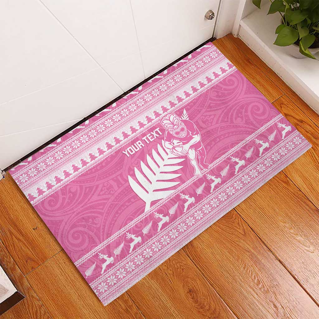 New Zealand Christmas Rugby Personalised Rubber Doormat Meri Kirihimete All Black Maori Pink Version - Aussie Hoodie