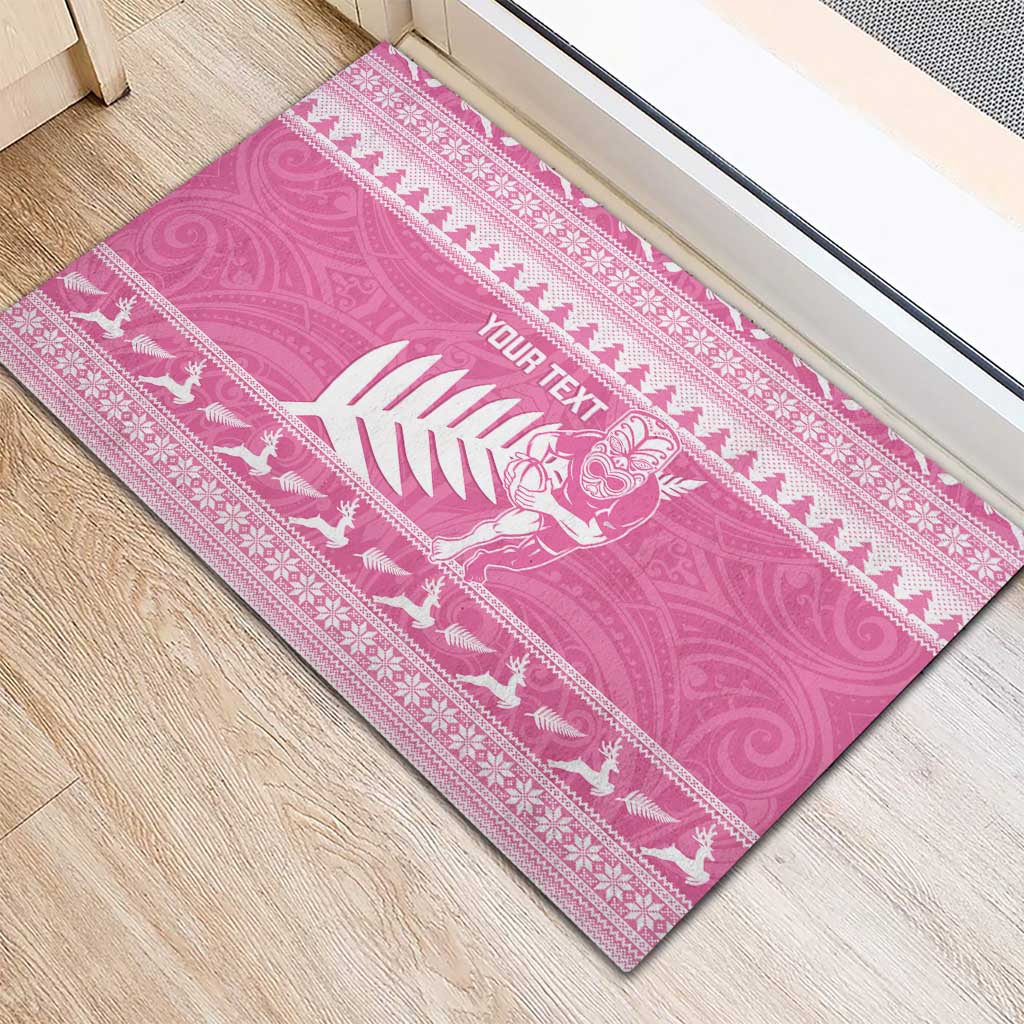 New Zealand Christmas Rugby Personalised Rubber Doormat Meri Kirihimete All Black Maori Pink Version - Aussie Hoodie