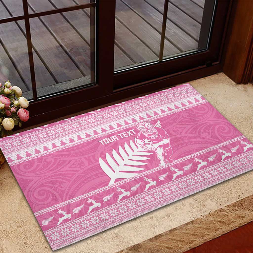 New Zealand Christmas Rugby Personalised Rubber Doormat Meri Kirihimete All Black Maori Pink Version - Aussie Hoodie