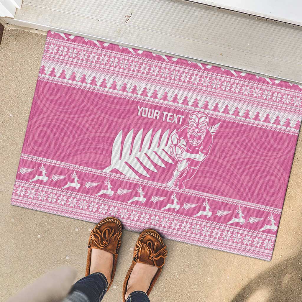 New Zealand Christmas Rugby Personalised Rubber Doormat Meri Kirihimete All Black Maori Pink Version - Aussie Hoodie
