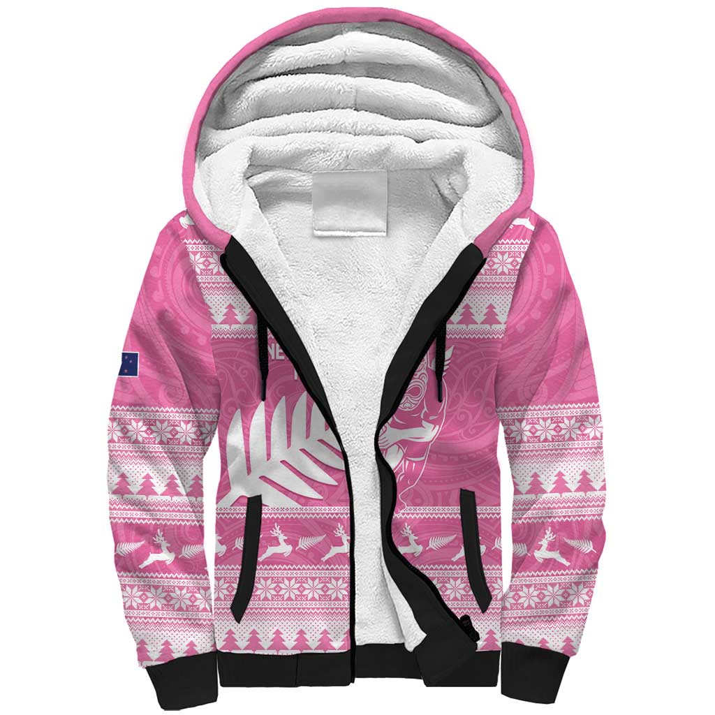 New Zealand Christmas Rugby Personalised Sherpa Hoodie Meri Kirihimete All Black Maori Pink Version - Aussie Hoodie