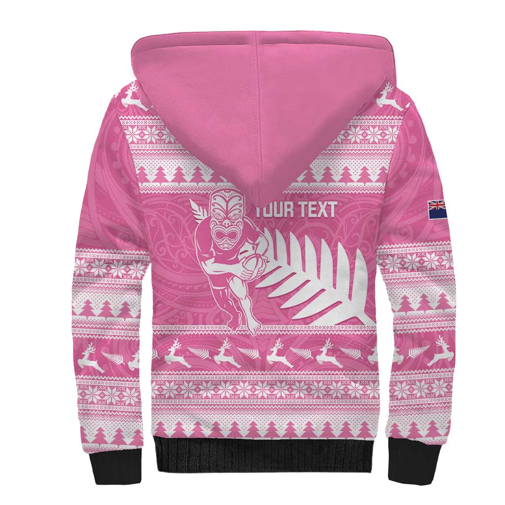 New Zealand Christmas Rugby Personalised Sherpa Hoodie Meri Kirihimete All Black Maori Pink Version - Aussie Hoodie