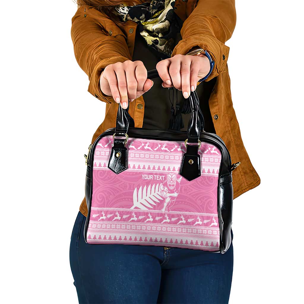 New Zealand Christmas Rugby Personalised Shoulder Handbag Meri Kirihimete All Black Maori Pink Version - Aussie Hoodie