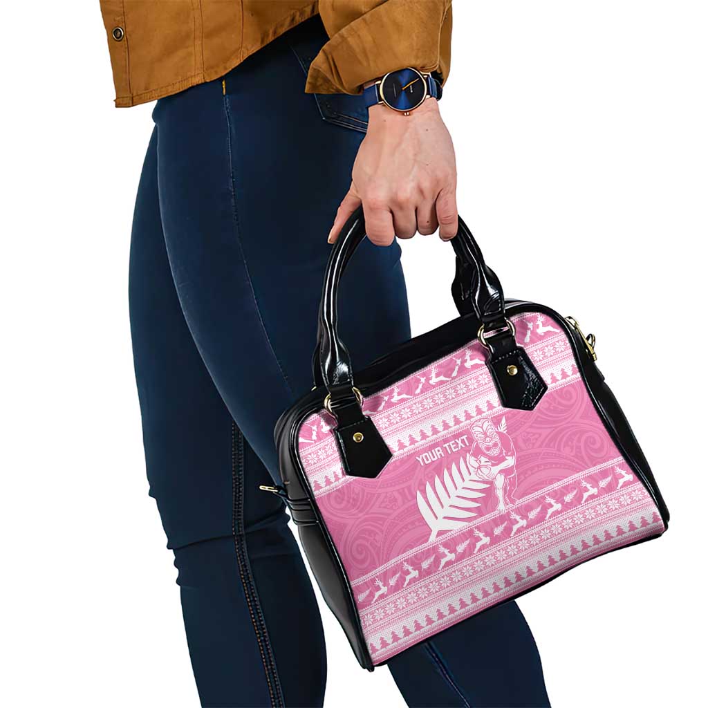 New Zealand Christmas Rugby Personalised Shoulder Handbag Meri Kirihimete All Black Maori Pink Version - Aussie Hoodie