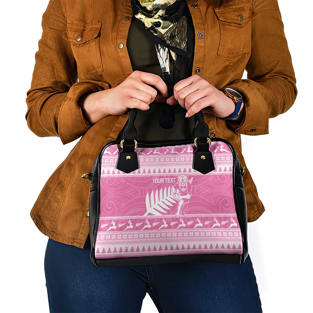 New Zealand Christmas Rugby Personalised Shoulder Handbag Meri Kirihimete All Black Maori Pink Version - Aussie Hoodie