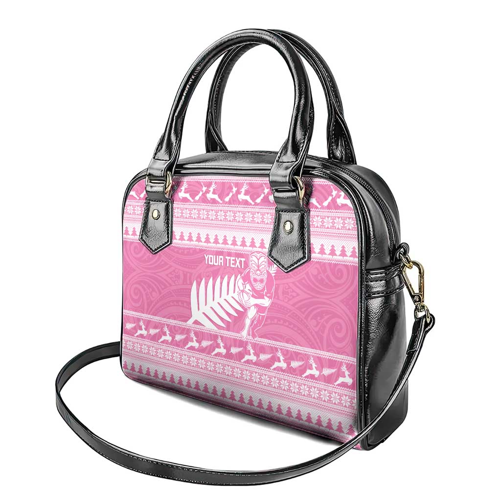 New Zealand Christmas Rugby Personalised Shoulder Handbag Meri Kirihimete All Black Maori Pink Version - Aussie Hoodie