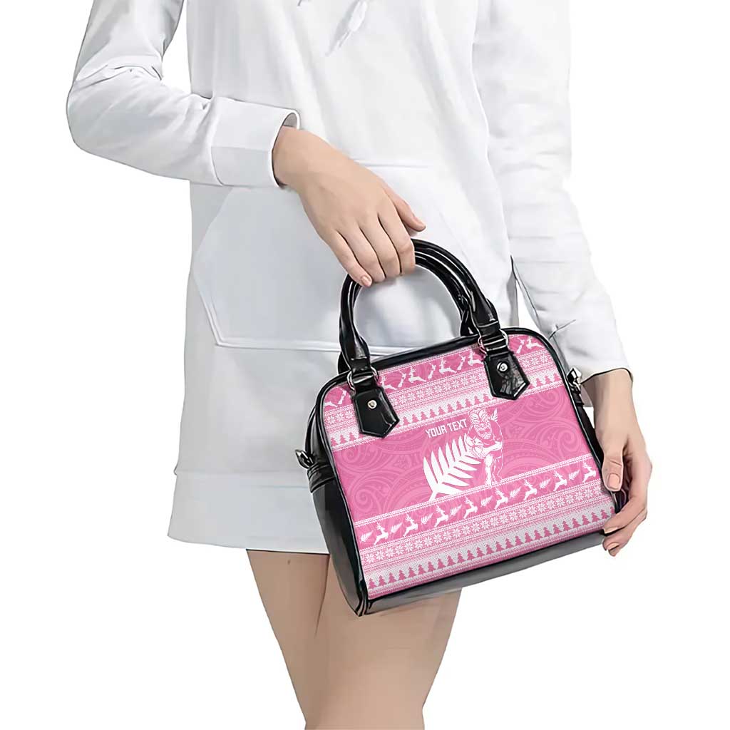 New Zealand Christmas Rugby Personalised Shoulder Handbag Meri Kirihimete All Black Maori Pink Version - Aussie Hoodie
