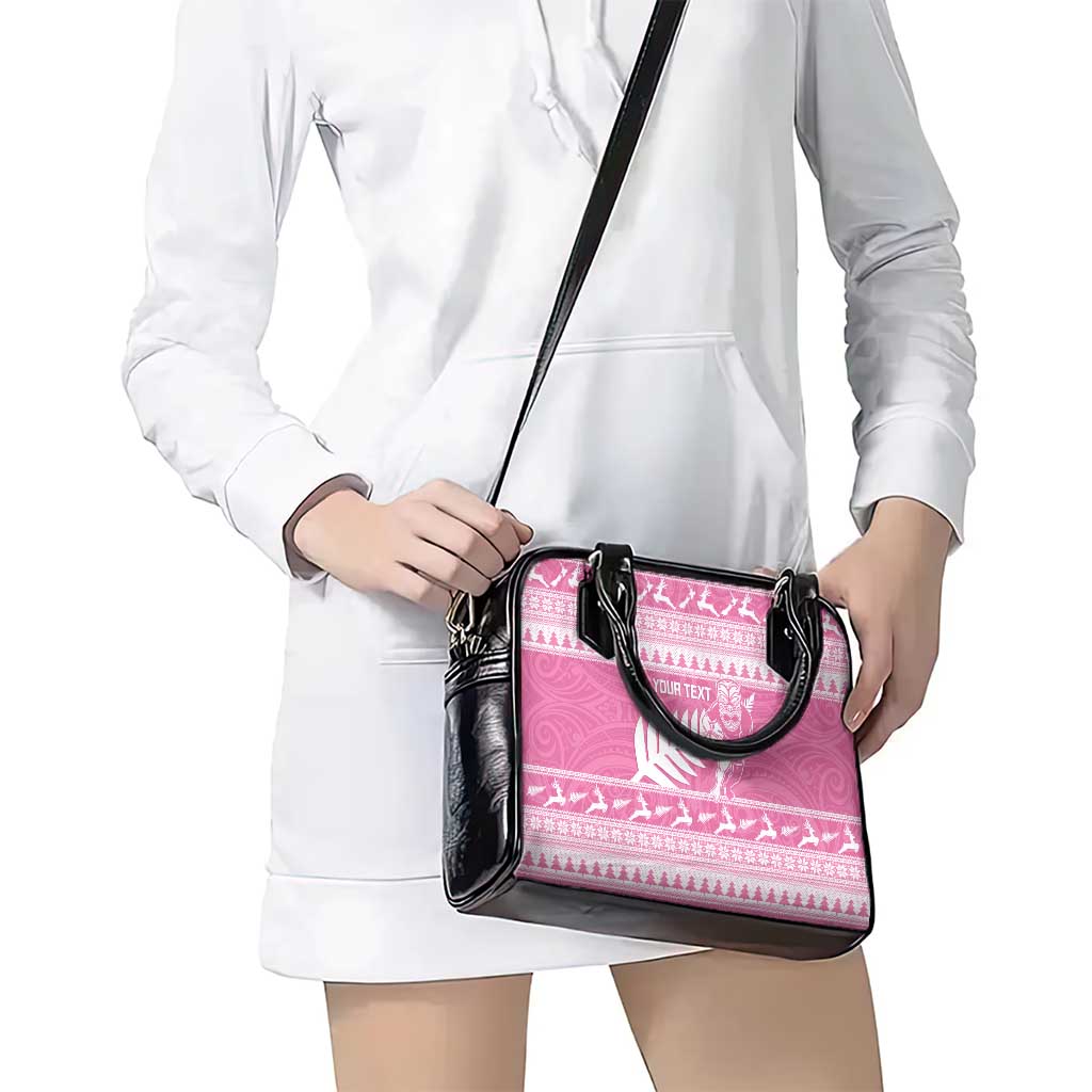 New Zealand Christmas Rugby Personalised Shoulder Handbag Meri Kirihimete All Black Maori Pink Version - Aussie Hoodie