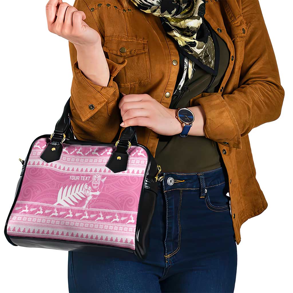New Zealand Christmas Rugby Personalised Shoulder Handbag Meri Kirihimete All Black Maori Pink Version - Aussie Hoodie