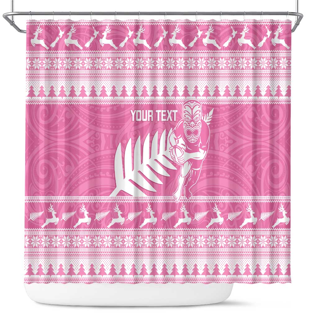 New Zealand Christmas Rugby Personalised Shower Curtain Meri Kirihimete All Black Maori Pink Version - Aussie Hoodie