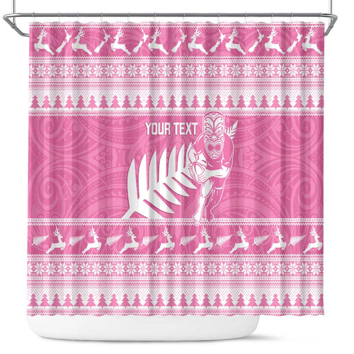 New Zealand Christmas Rugby Personalised Shower Curtain Meri Kirihimete All Black Maori Pink Version - Aussie Hoodie