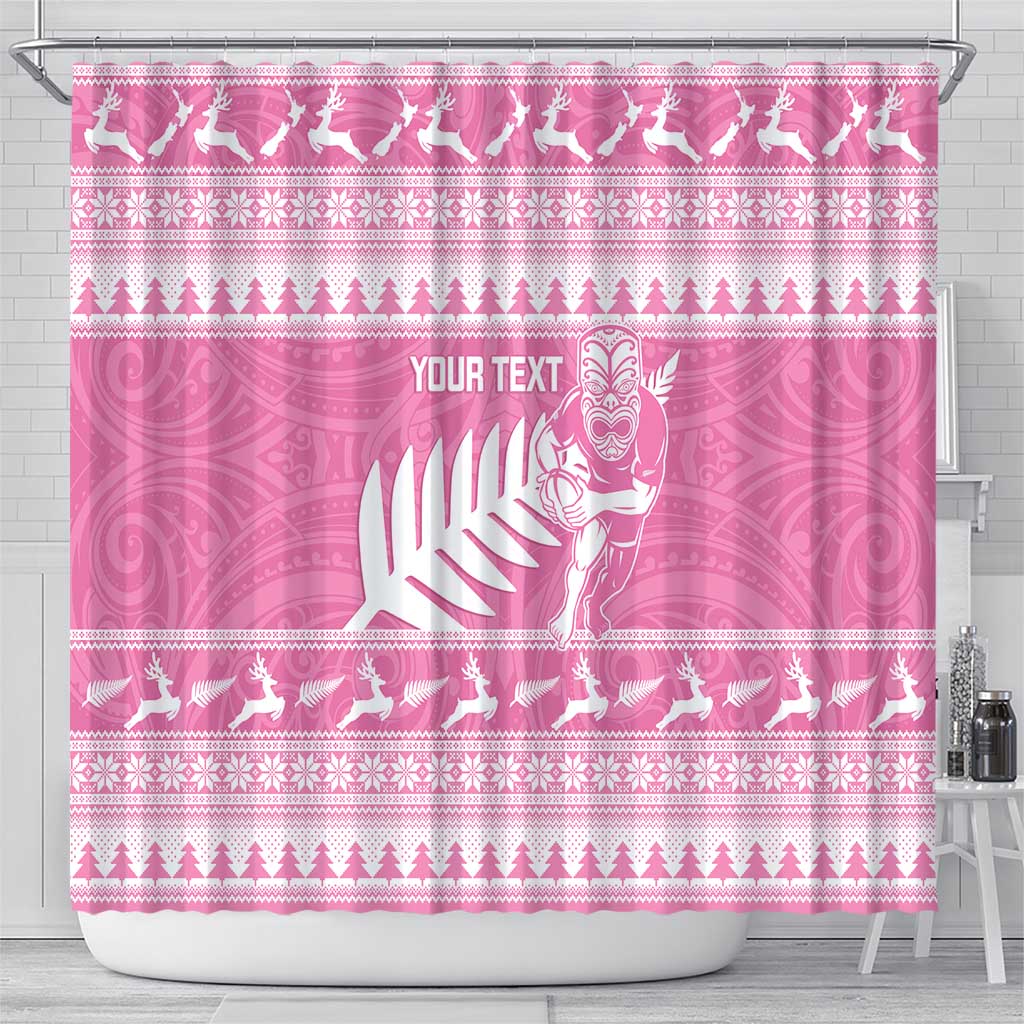 New Zealand Christmas Rugby Personalised Shower Curtain Meri Kirihimete All Black Maori Pink Version - Aussie Hoodie
