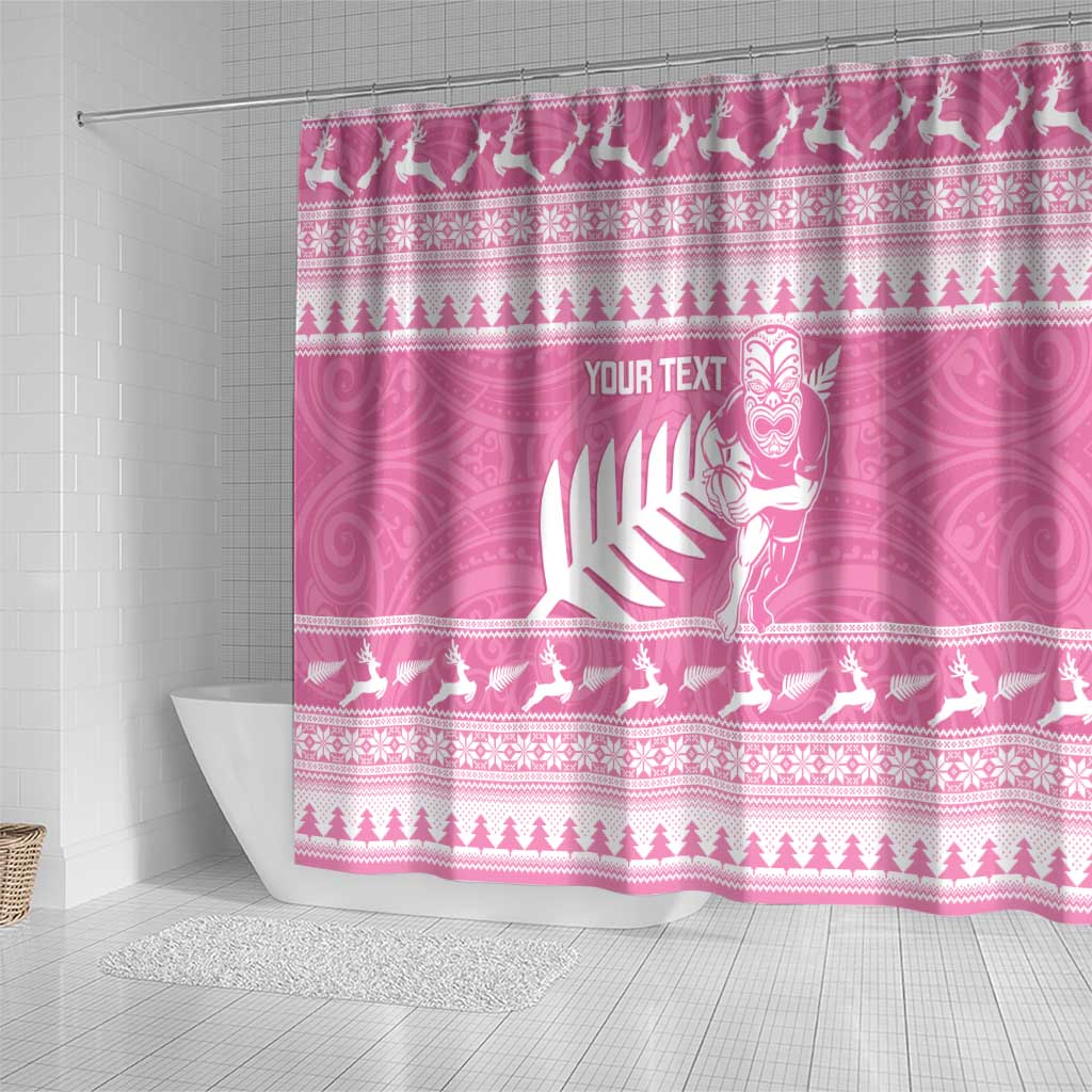 New Zealand Christmas Rugby Personalised Shower Curtain Meri Kirihimete All Black Maori Pink Version - Aussie Hoodie