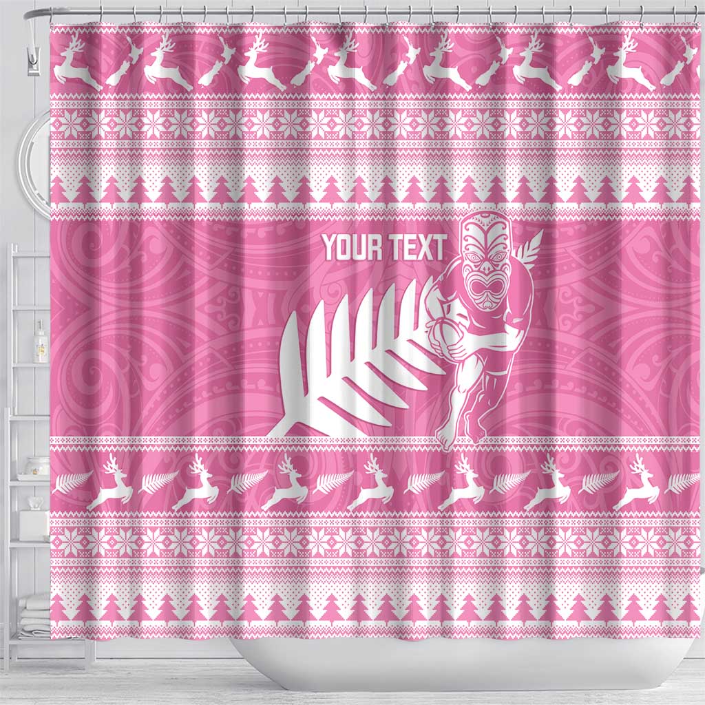 New Zealand Christmas Rugby Personalised Shower Curtain Meri Kirihimete All Black Maori Pink Version - Aussie Hoodie