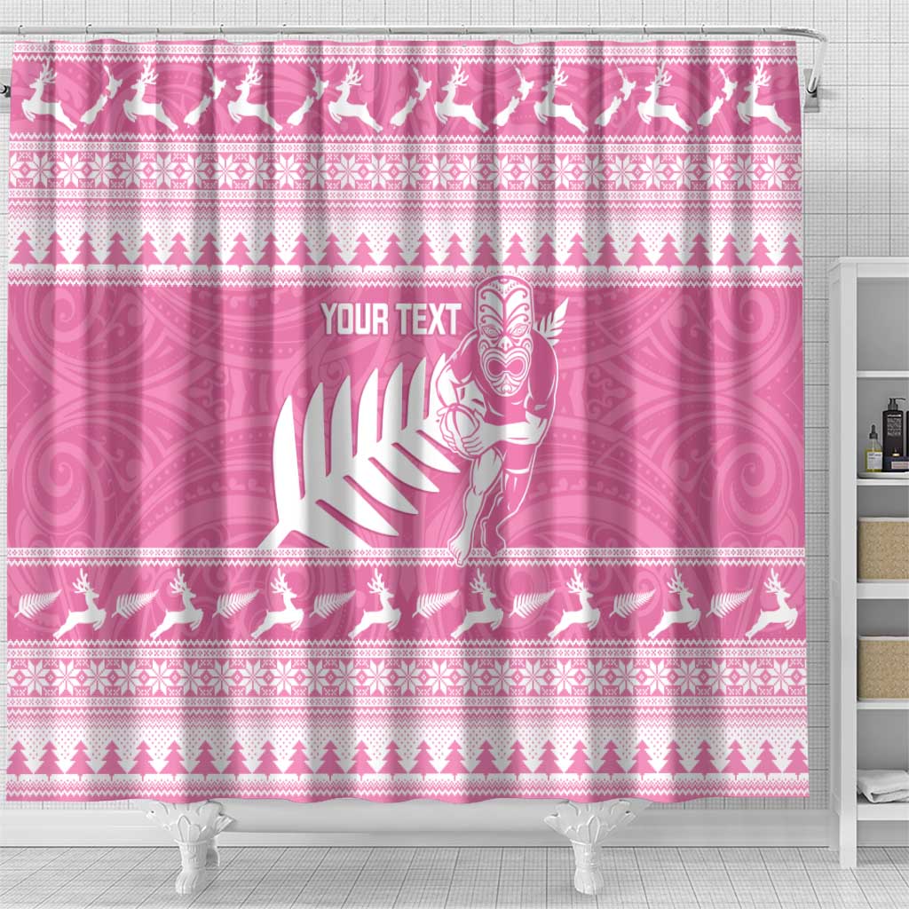 New Zealand Christmas Rugby Personalised Shower Curtain Meri Kirihimete All Black Maori Pink Version - Aussie Hoodie
