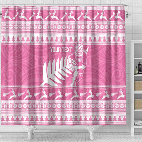 New Zealand Christmas Rugby Personalised Shower Curtain Meri Kirihimete All Black Maori Pink Version - Aussie Hoodie