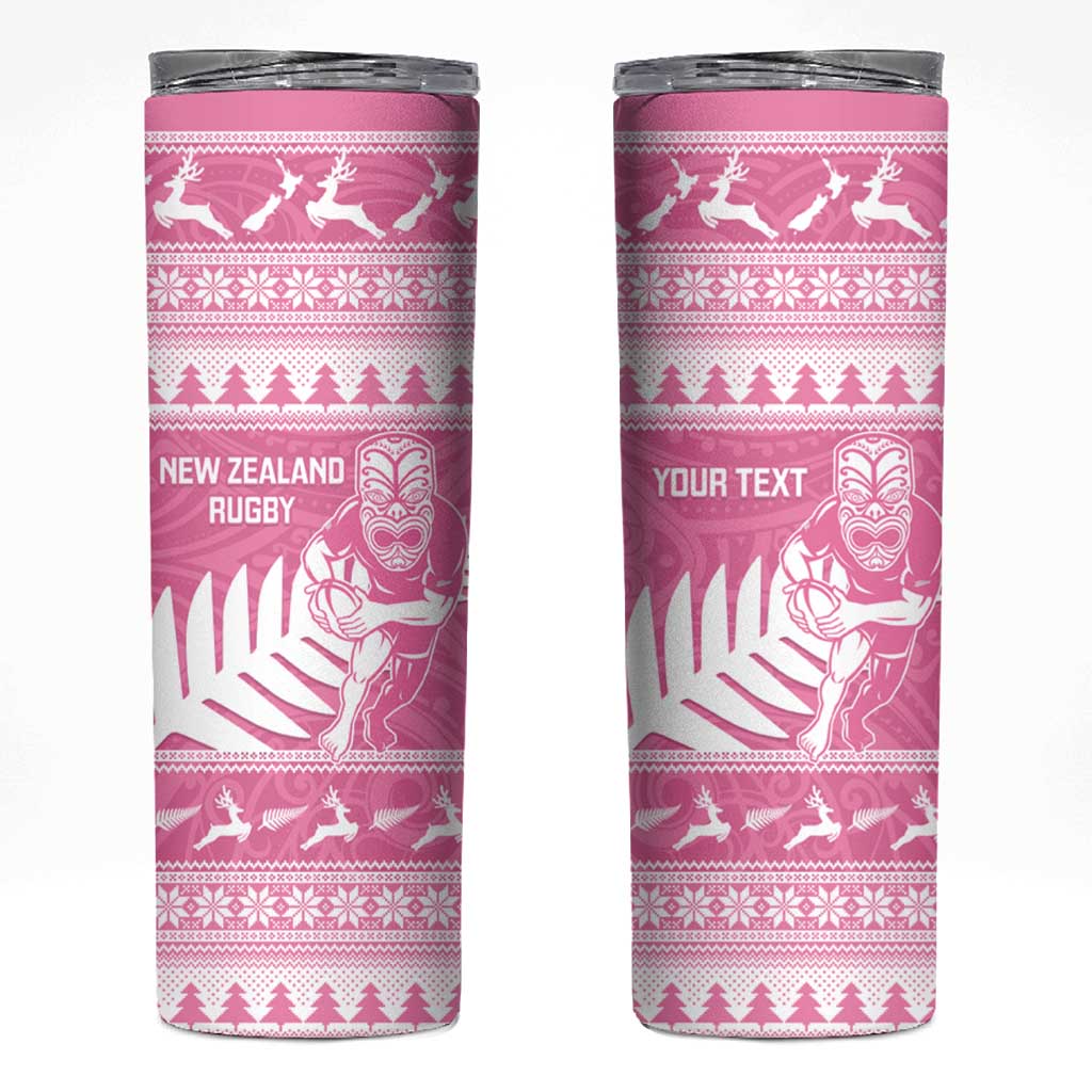 New Zealand Christmas Rugby Personalised Skinny Tumbler Meri Kirihimete All Black Maori Pink Version - Aussie Hoodie