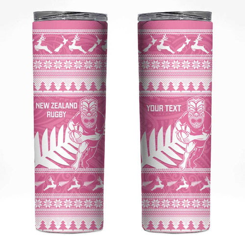 New Zealand Christmas Rugby Personalised Skinny Tumbler Meri Kirihimete All Black Maori Pink Version - Aussie Hoodie