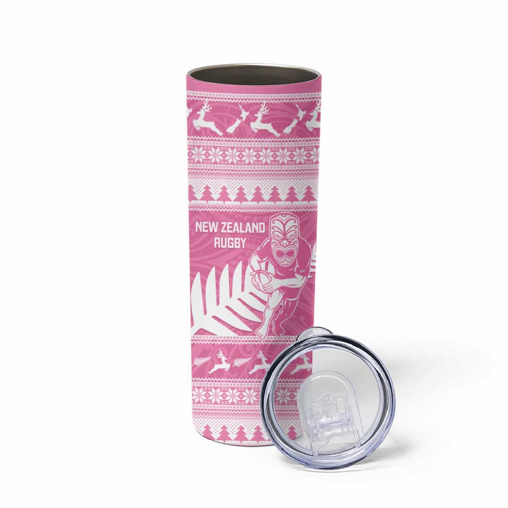 New Zealand Christmas Rugby Personalised Skinny Tumbler Meri Kirihimete All Black Maori Pink Version - Aussie Hoodie