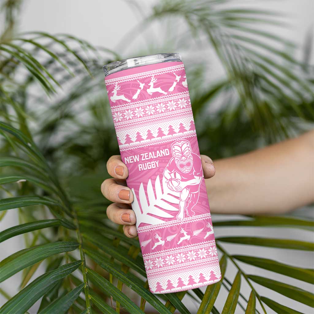 New Zealand Christmas Rugby Personalised Skinny Tumbler Meri Kirihimete All Black Maori Pink Version - Aussie Hoodie