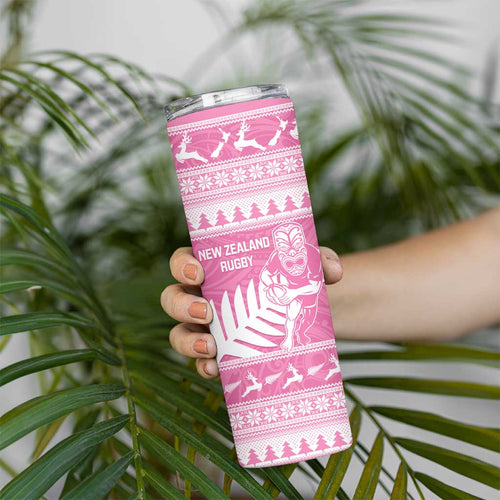 New Zealand Christmas Rugby Personalised Skinny Tumbler Meri Kirihimete All Black Maori Pink Version - Aussie Hoodie