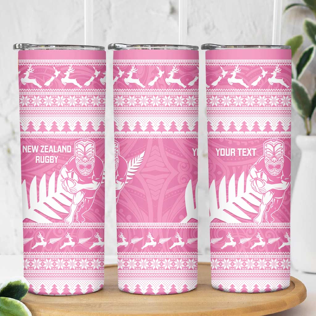 New Zealand Christmas Rugby Personalised Skinny Tumbler Meri Kirihimete All Black Maori Pink Version - Aussie Hoodie