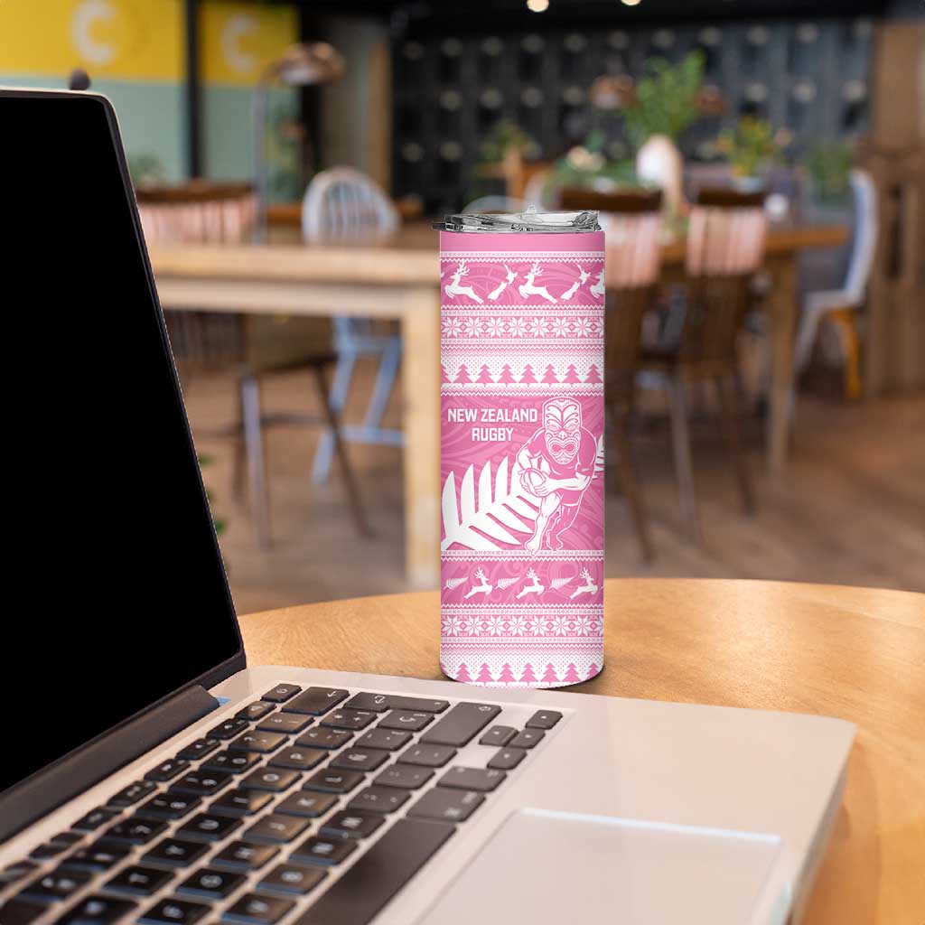 New Zealand Christmas Rugby Personalised Skinny Tumbler Meri Kirihimete All Black Maori Pink Version - Aussie Hoodie