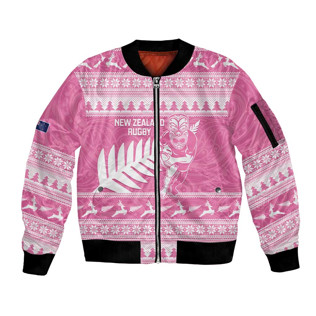 New Zealand Christmas Rugby Personalised Sleeve Zip Bomber Jacket Meri Kirihimete All Black Maori Pink Version - Aussie Hoodie