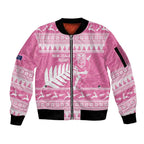 New Zealand Christmas Rugby Personalised Sleeve Zip Bomber Jacket Meri Kirihimete All Black Maori Pink Version - Aussie Hoodie