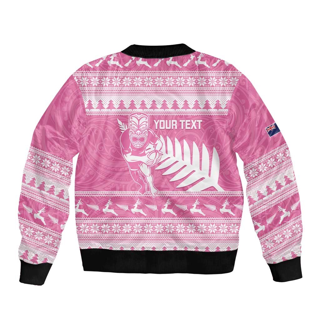 New Zealand Christmas Rugby Personalised Sleeve Zip Bomber Jacket Meri Kirihimete All Black Maori Pink Version - Aussie Hoodie