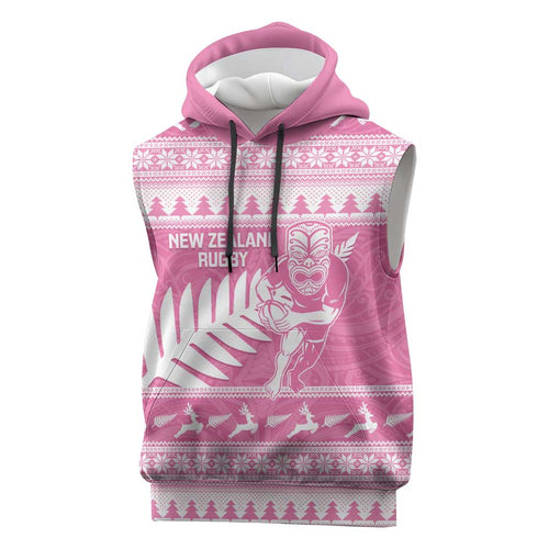 New Zealand Christmas Rugby Personalised Sleeveless Hoodie Meri Kirihimete All Black Maori Pink Version - Aussie Hoodie