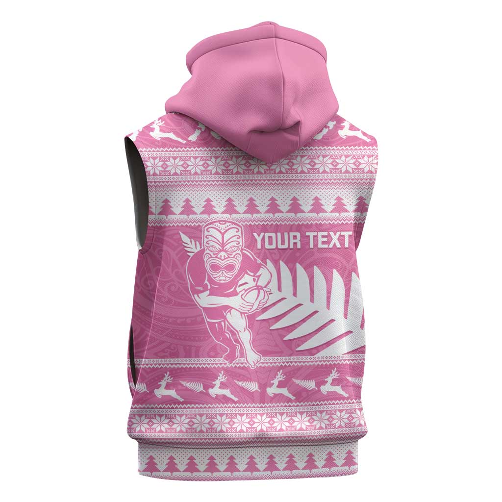 New Zealand Christmas Rugby Personalised Sleeveless Hoodie Meri Kirihimete All Black Maori Pink Version - Aussie Hoodie