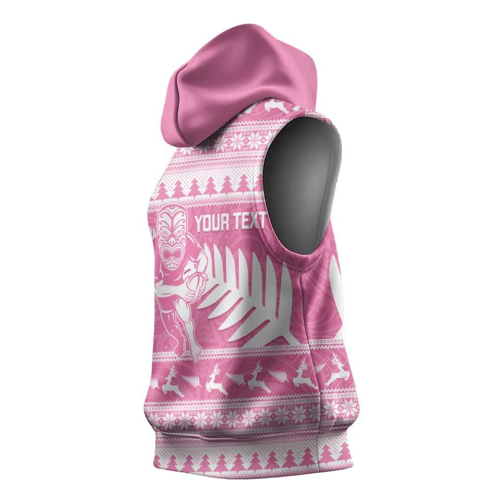 New Zealand Christmas Rugby Personalised Sleeveless Hoodie Meri Kirihimete All Black Maori Pink Version - Aussie Hoodie