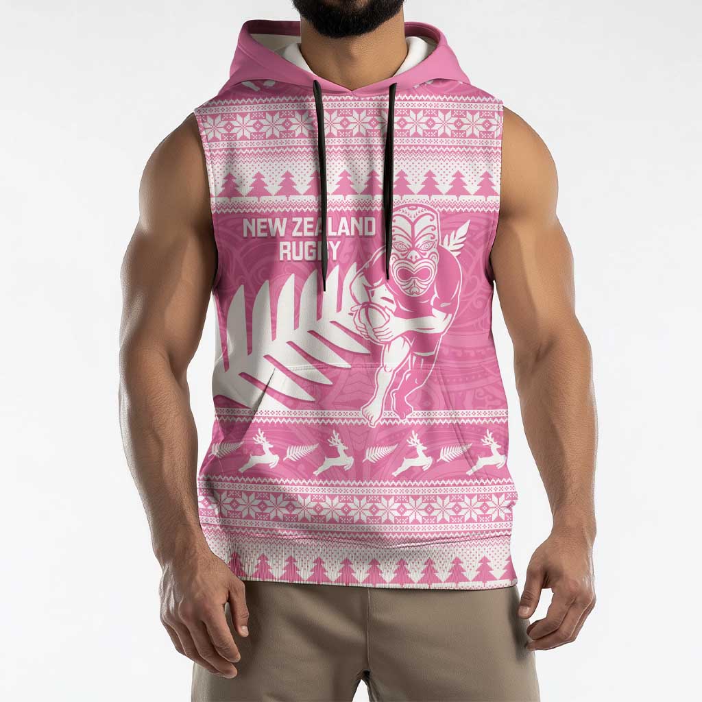 New Zealand Christmas Rugby Personalised Sleeveless Hoodie Meri Kirihimete All Black Maori Pink Version - Aussie Hoodie