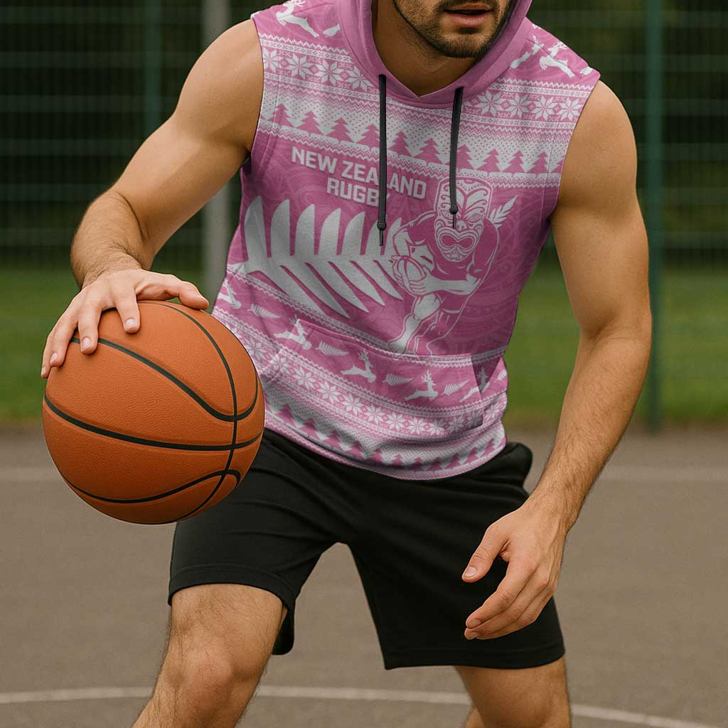 New Zealand Christmas Rugby Personalised Sleeveless Hoodie Meri Kirihimete All Black Maori Pink Version - Aussie Hoodie