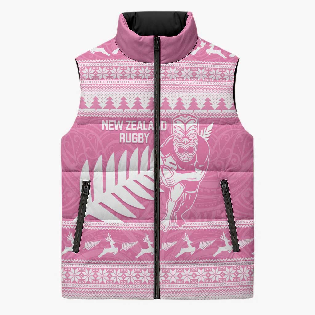 New Zealand Christmas Rugby Personalised Sleeveless Puffer Jacket Meri Kirihimete All Black Maori Pink Version - Aussie Hoodie